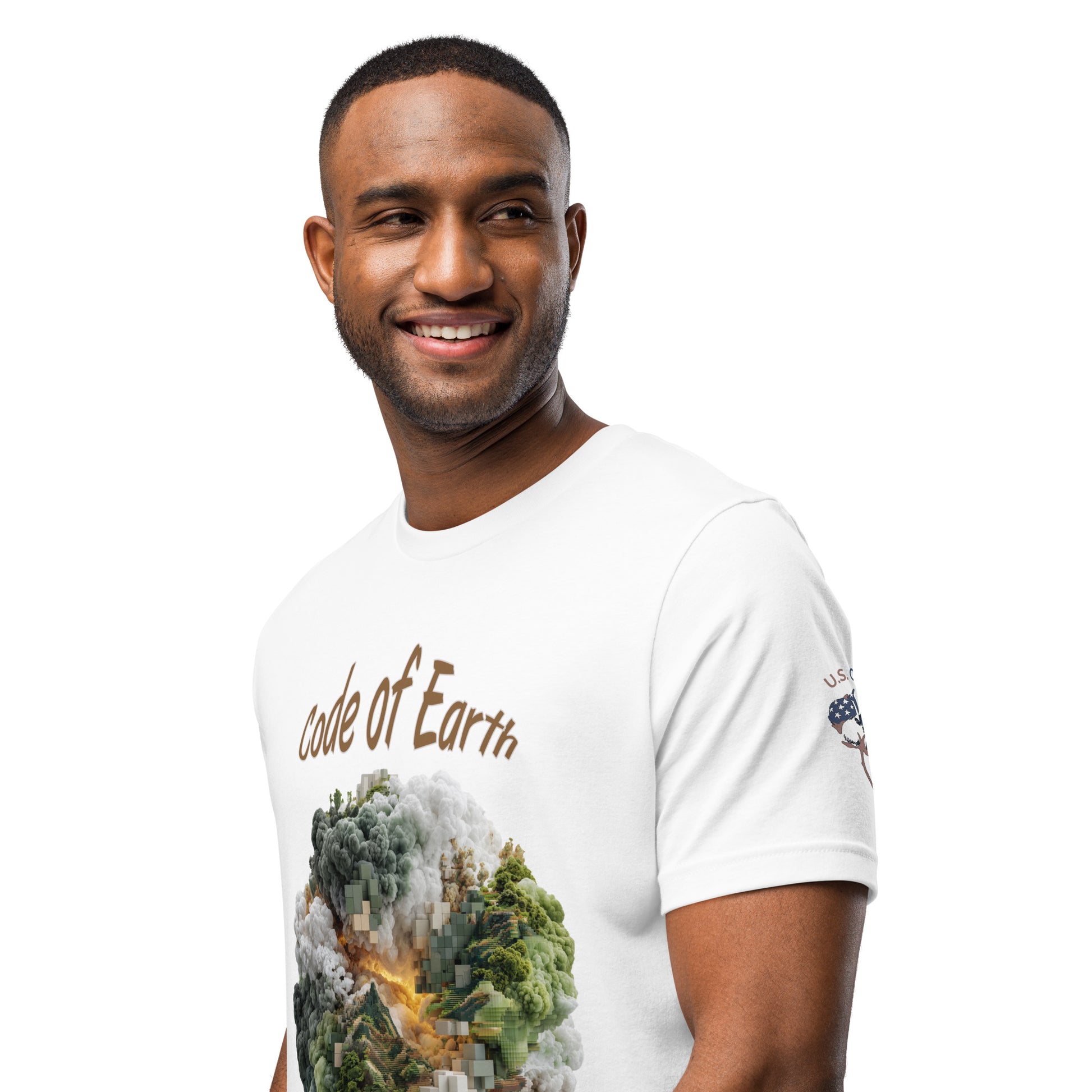 Product mockup. Man in white T-shirt featuring "Code of Earth" text above a dynamic earth and forest illustration, "U.S. Cotton" sleeve logo, close-up from the torso up.