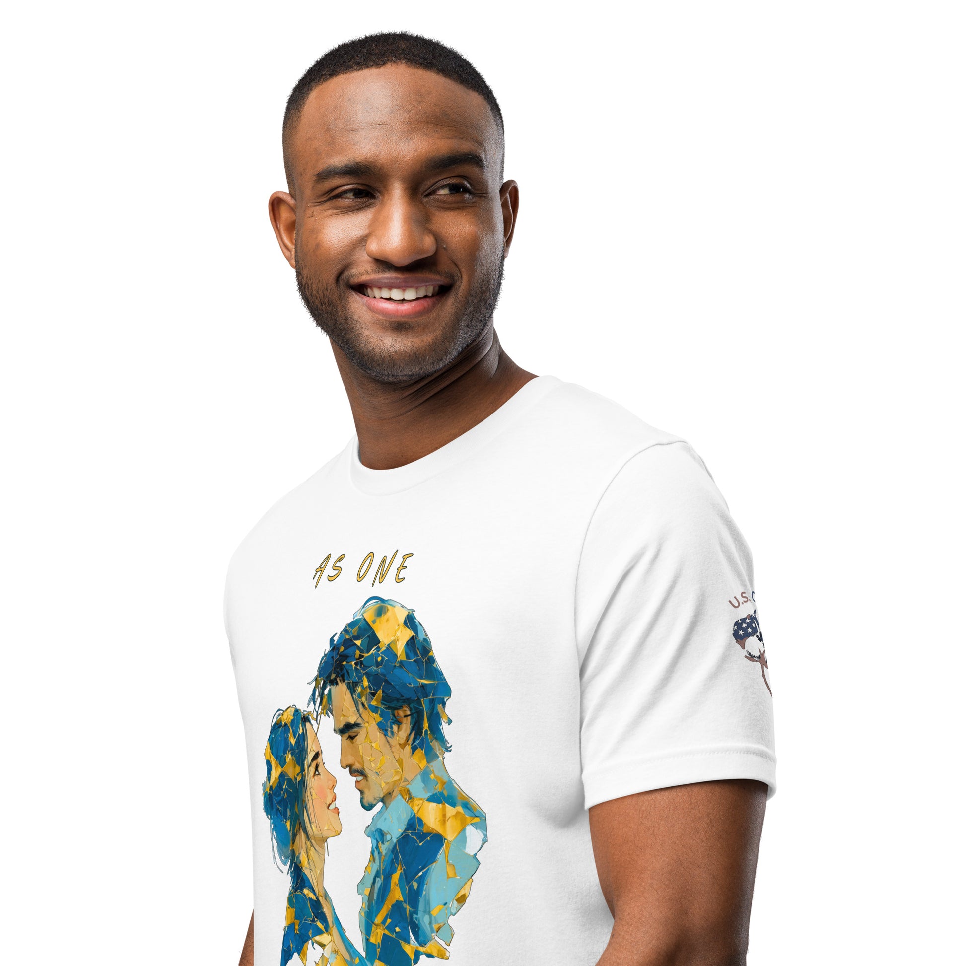 Product mockup. Man in white T-shirt with blue-gold graphic of two people hugging, "AS ONE" inscription, "U.S. Cotton" logo on sleeve.