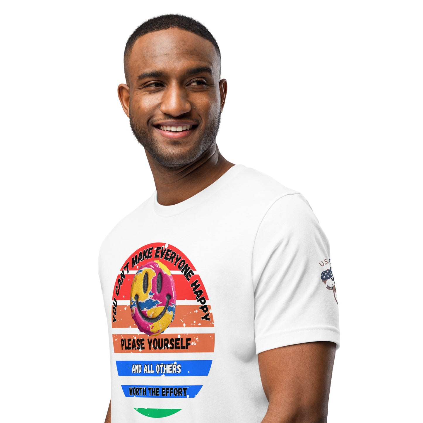 Product mockup. Product mockup. Man wearing a white t-shirt with illustrations of a cow, carrot, and leek underneath the text "You can't make everyone happy, please yourself and all others worth the effort", close-up from the torso up.