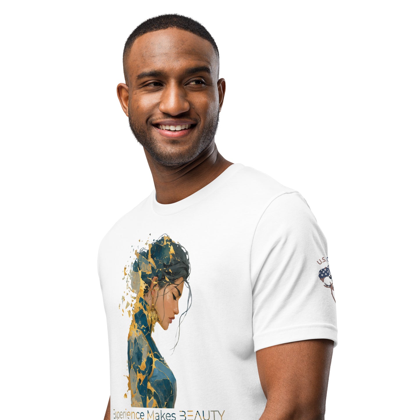 Product mockup. Man wearing white T-shirt, modern art print of a woman's profile in blue and gold tones, "Experience Makes BEAUTY" text, close-up from the torso up.
