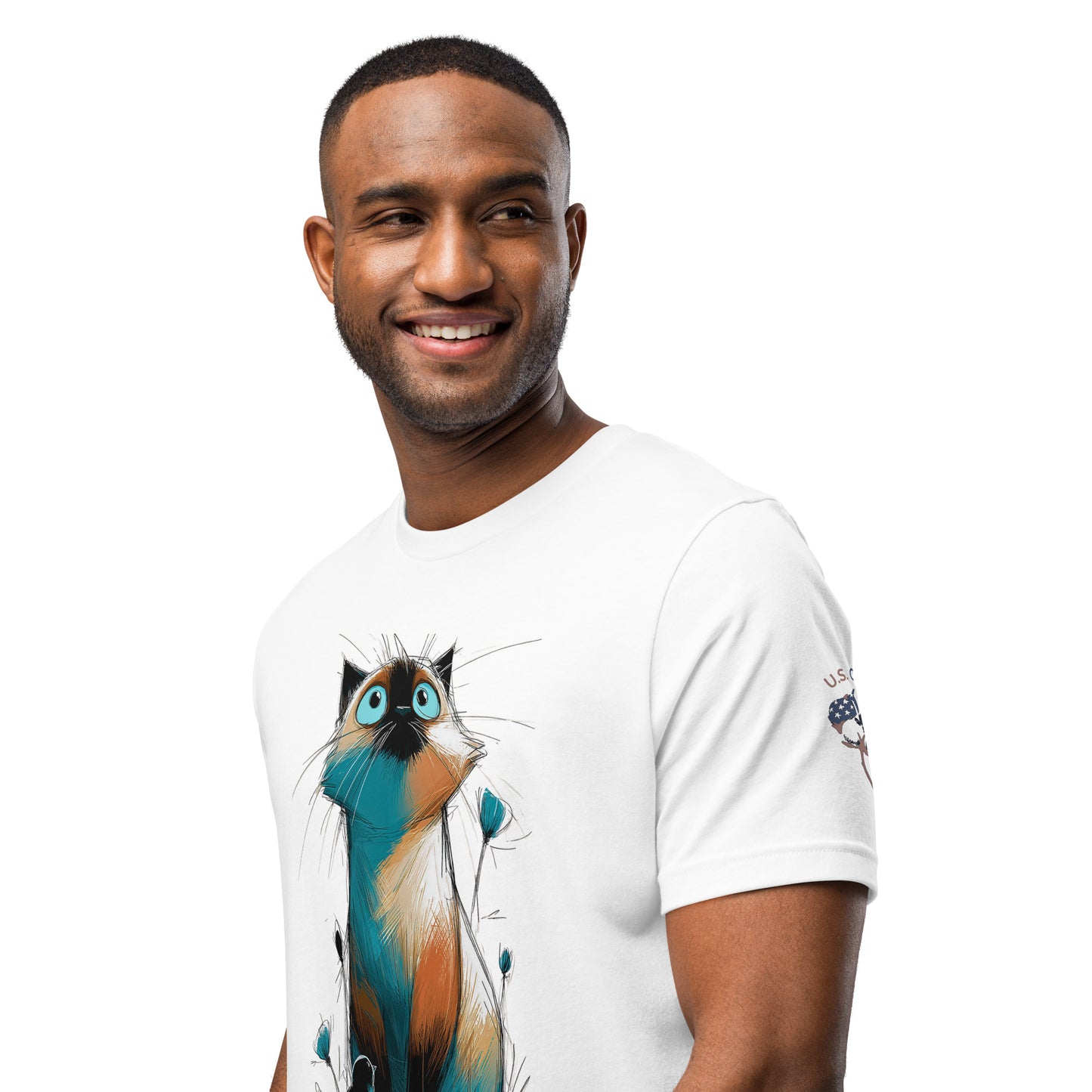 Product mockup. Man in white T-shirt with a colorful, wide-eyed cat illustration and blue floral accents, close-up from the torso up.