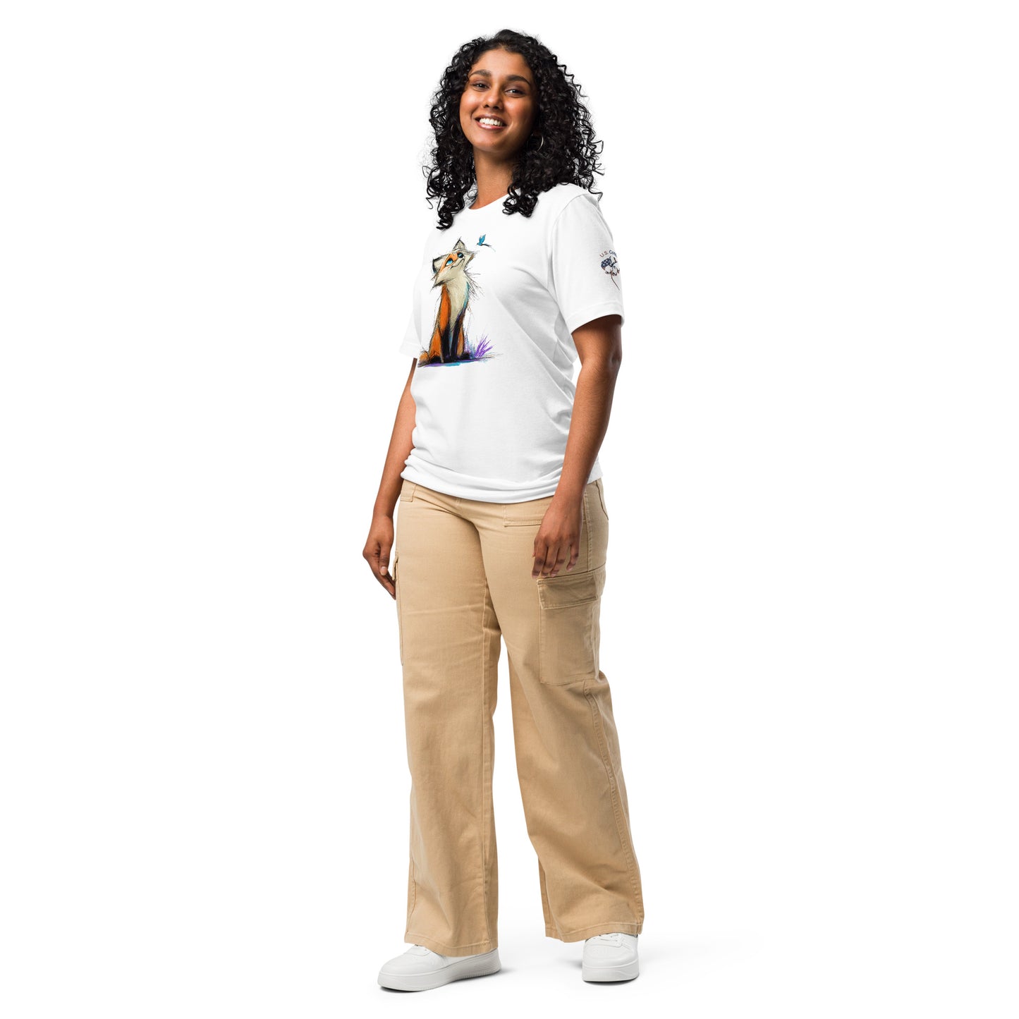 Product mockup. Woman in white T-shirt, full body, featuring a whimsical orange fox with a blue butterfly.