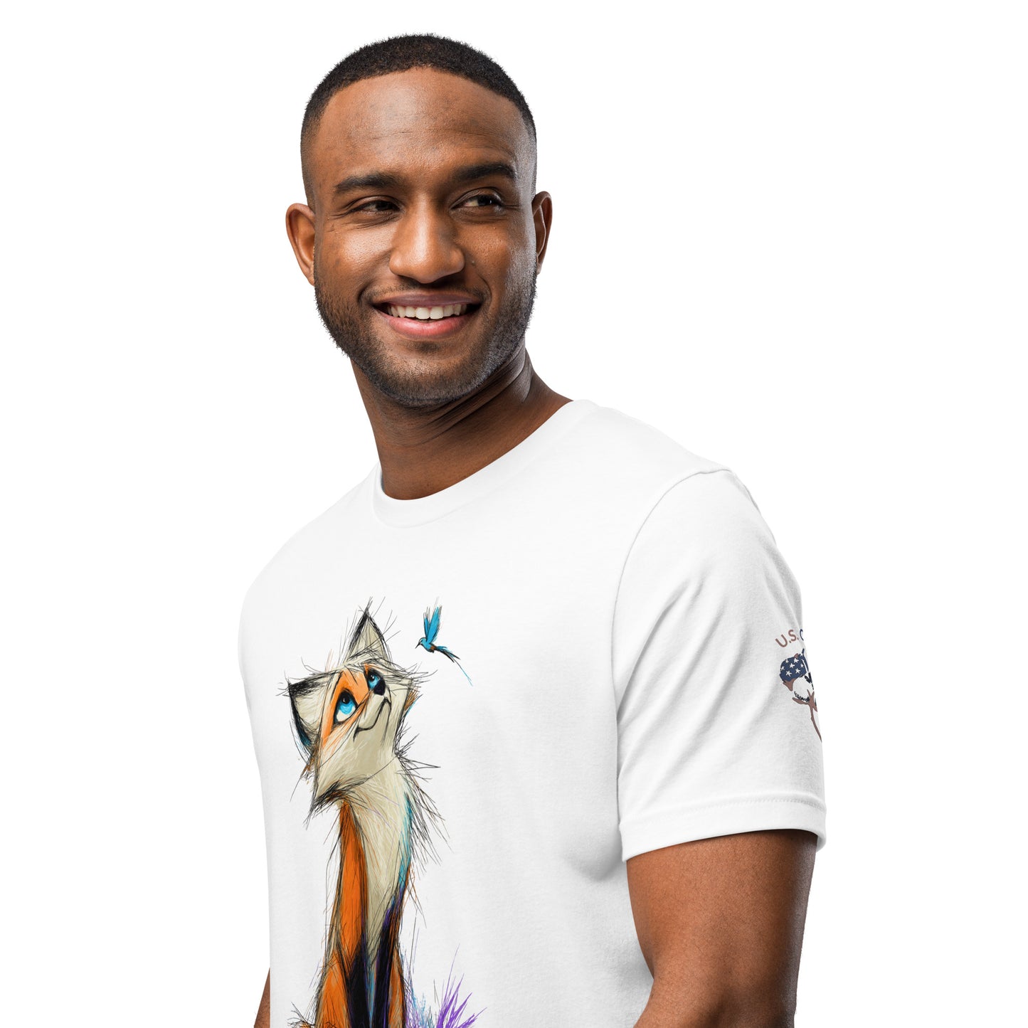 Product mockup. Man in white T-shirt with a colorful, curious orange fox and blue butterfly print, close-up from the torso up.