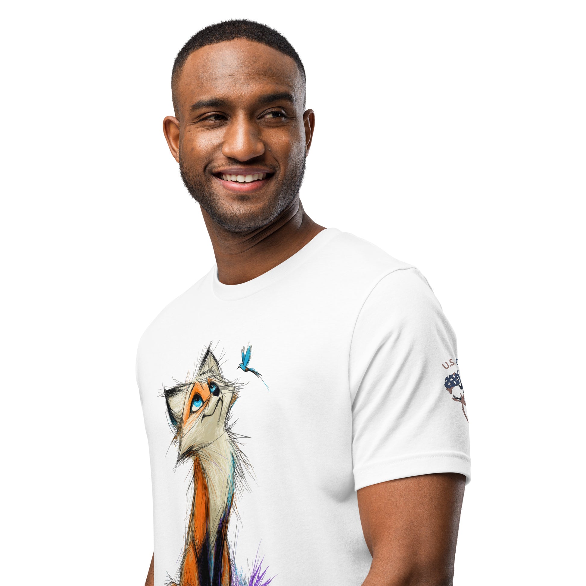Product mockup. Man in white T-shirt with a colorful, curious orange fox and blue butterfly print, close-up from the torso up.