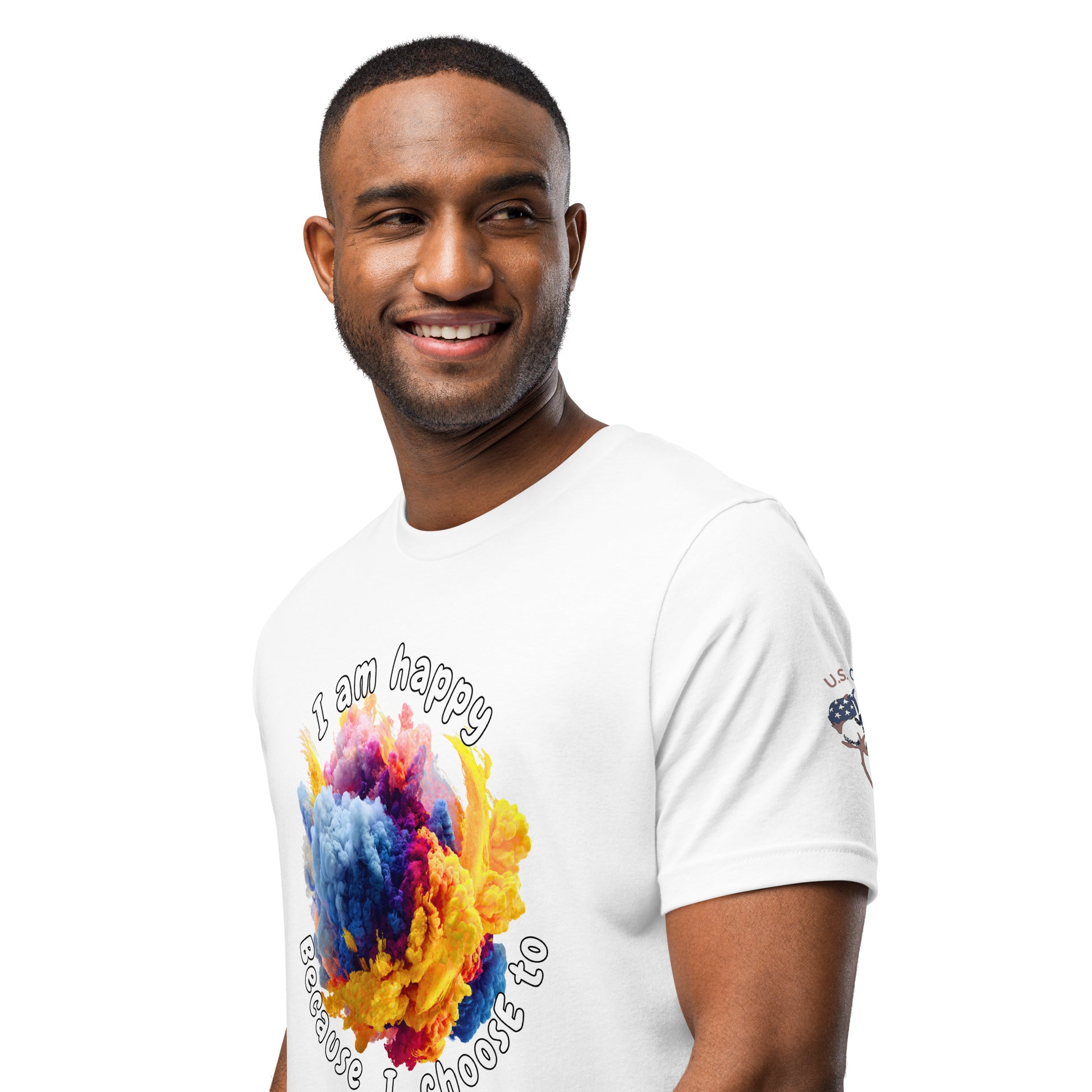 Product mockup. Man in white T-shirt with swirling clouds of bright yellow, orange, blue, and pink, and text: "I am happy because I choose to."