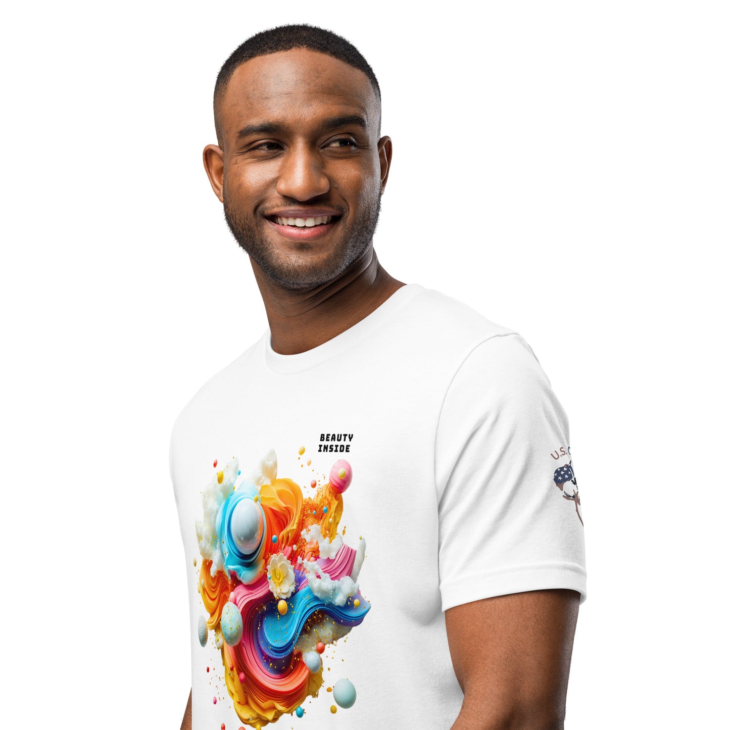 Product mockup. Man in white T-shirt with colorful abstract 3D swirl art and text: "Beauty Inside."