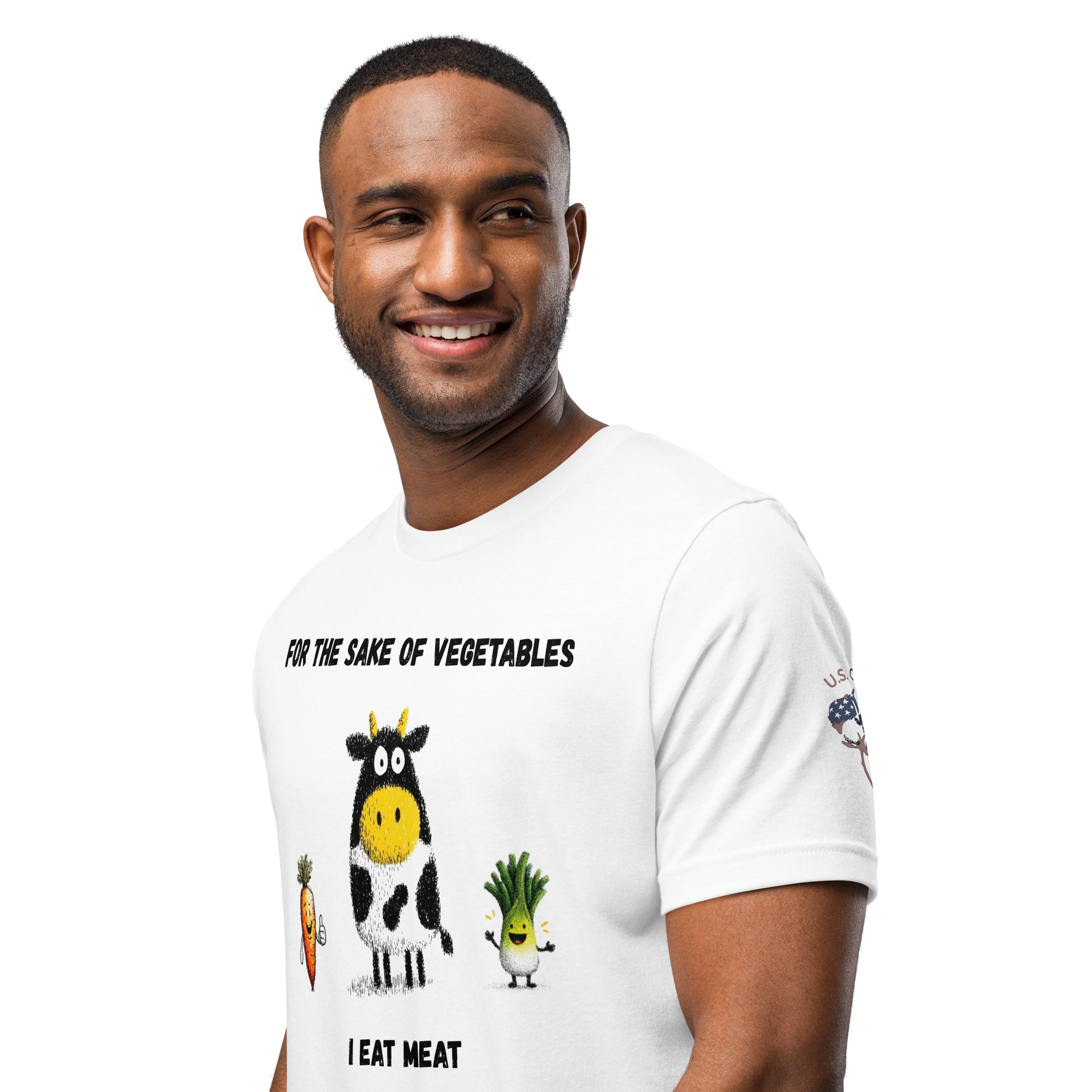 Product mockup. Man wearing a white t-shirt with illustrations of a cow, carrot, and leek underneath the text "FOR THE SAKE OF VEGETABLES I EAT MEAT", close-up from the torso up.