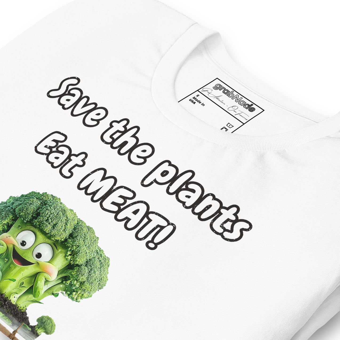 Product mockup. White T-shirt, zoomed in, displaying cheerful cartoon broccoli and text: “Save the plants, Eat MEAT!”