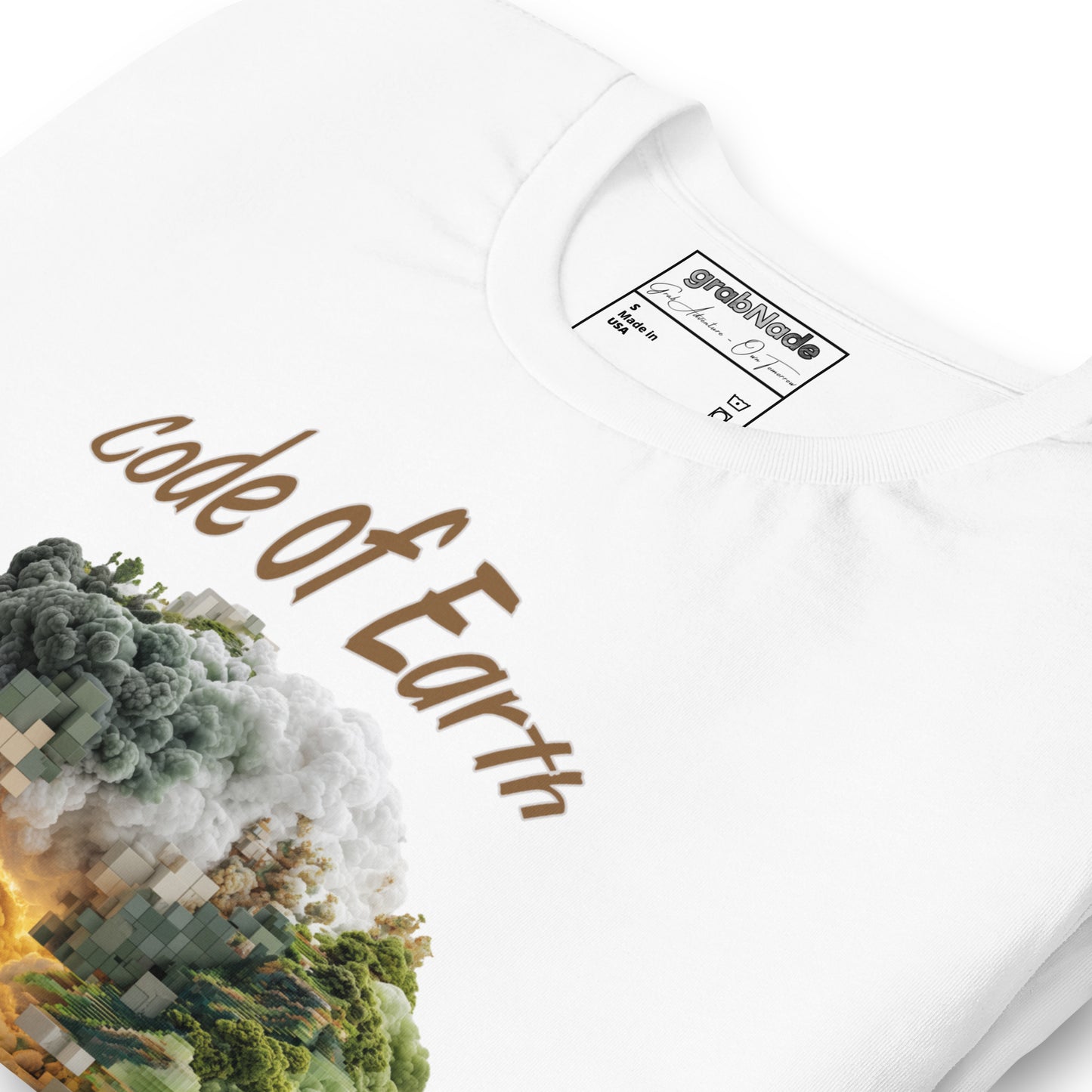 Product mockup. White T-shirt, zoomed in, reading “code of Earth” above pixelated cloud, fire, and forest artwork.