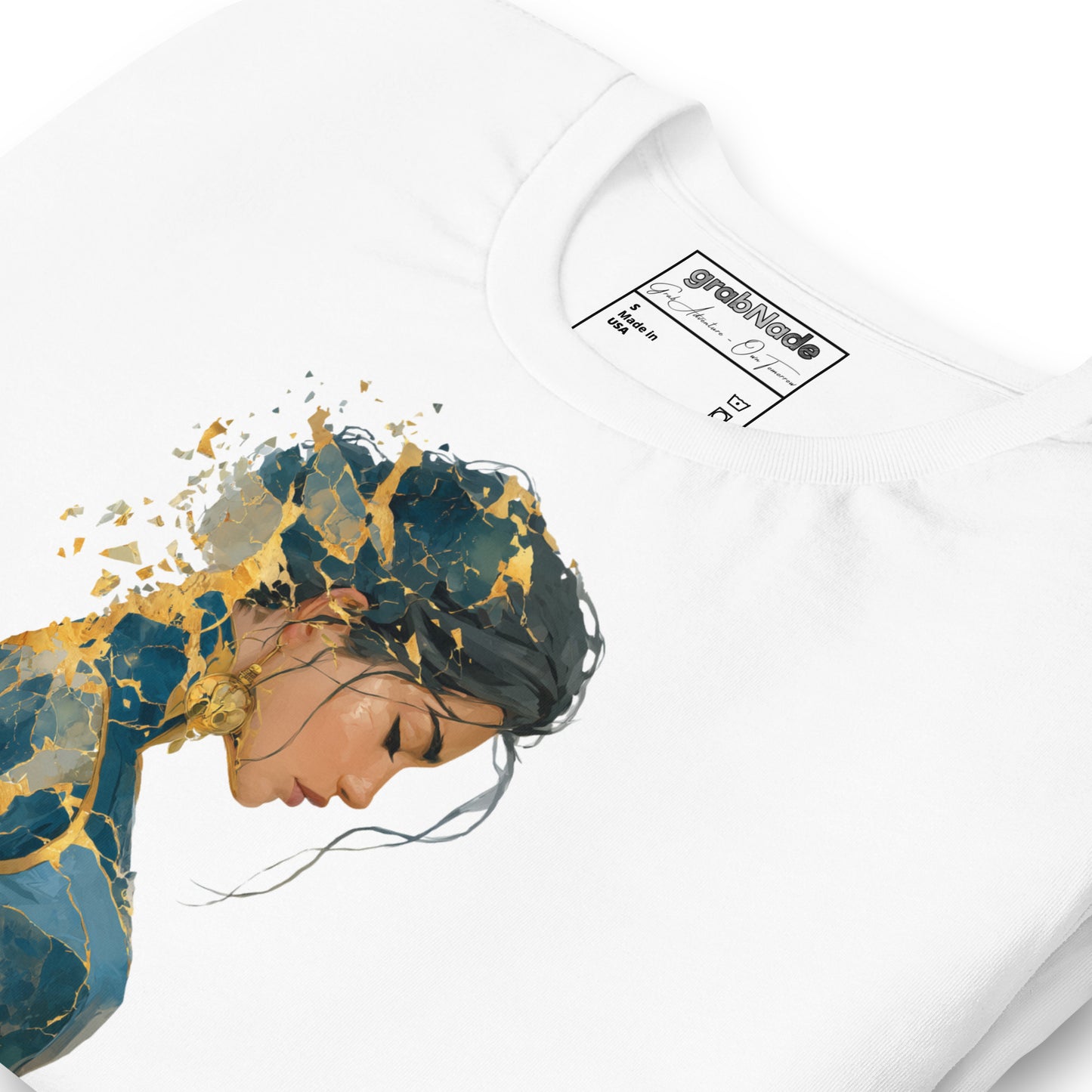 Product mockup. White T-shirt, zoomed in, stylized cracked sculpture of a person; artistic gold and blue split effect.