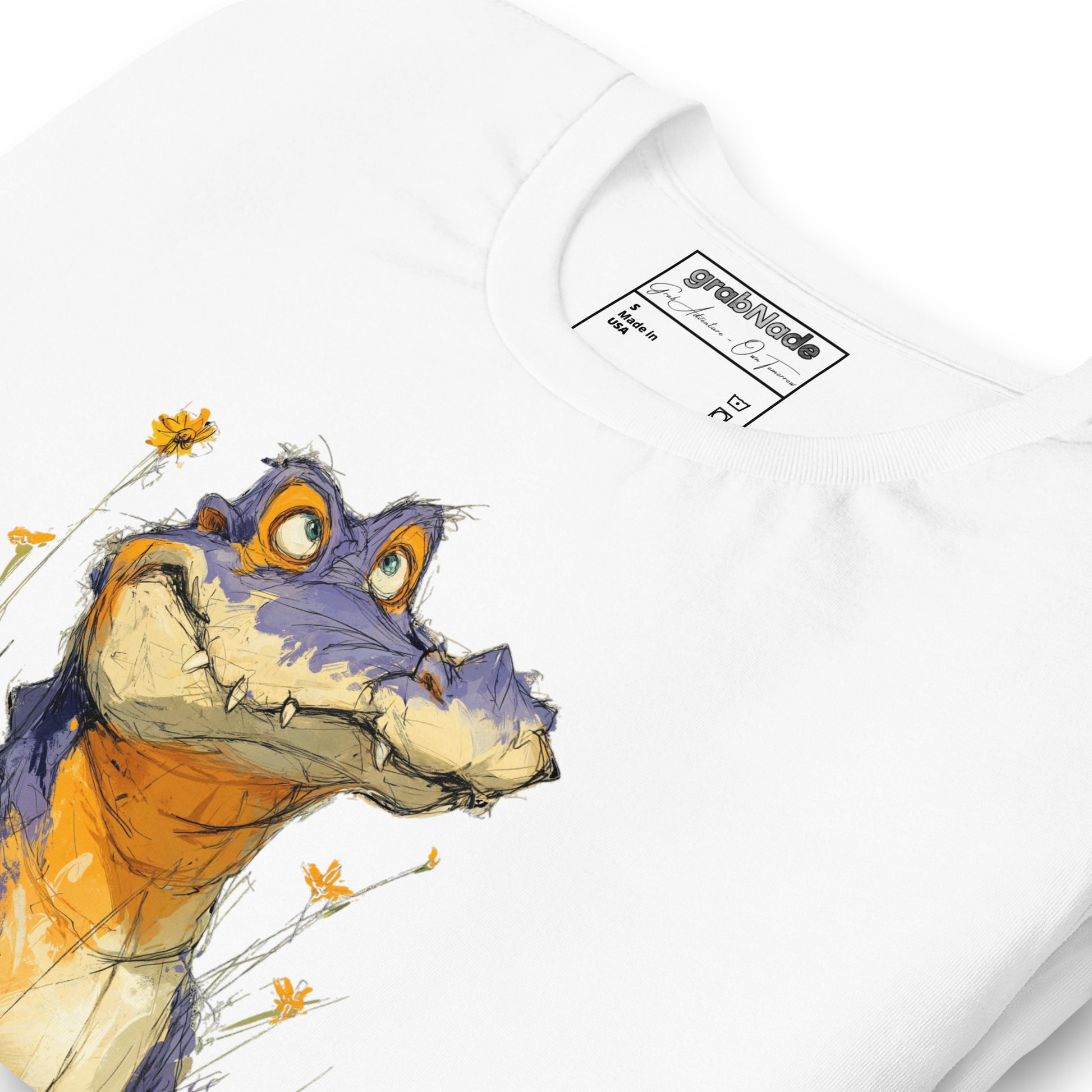 Product mockup. Close-up of a white T-shirt with a large, playful cartoon alligator surrounded by bright yellow flowers.