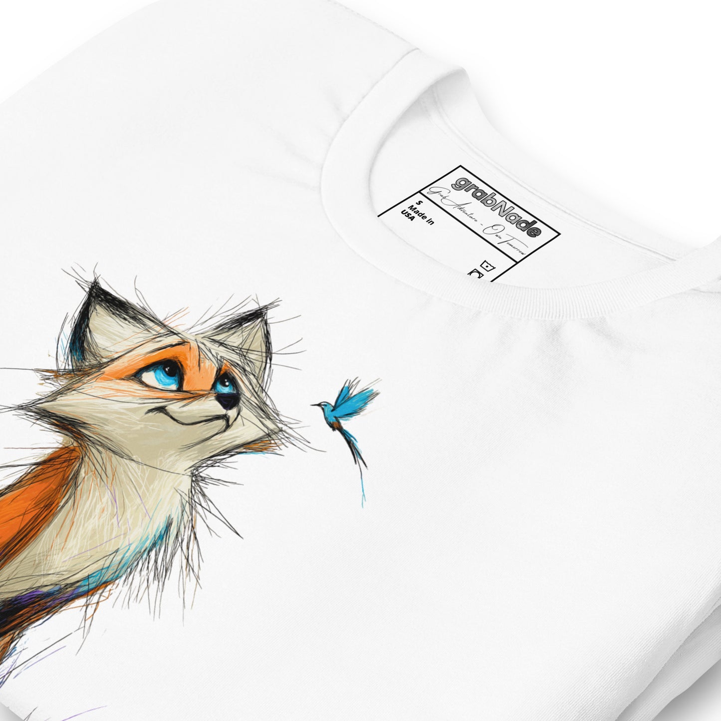Product mockup. Close-up of a white T-shirt showing a whimsical orange, white, and brown cartoon fox facing a small blue bird.