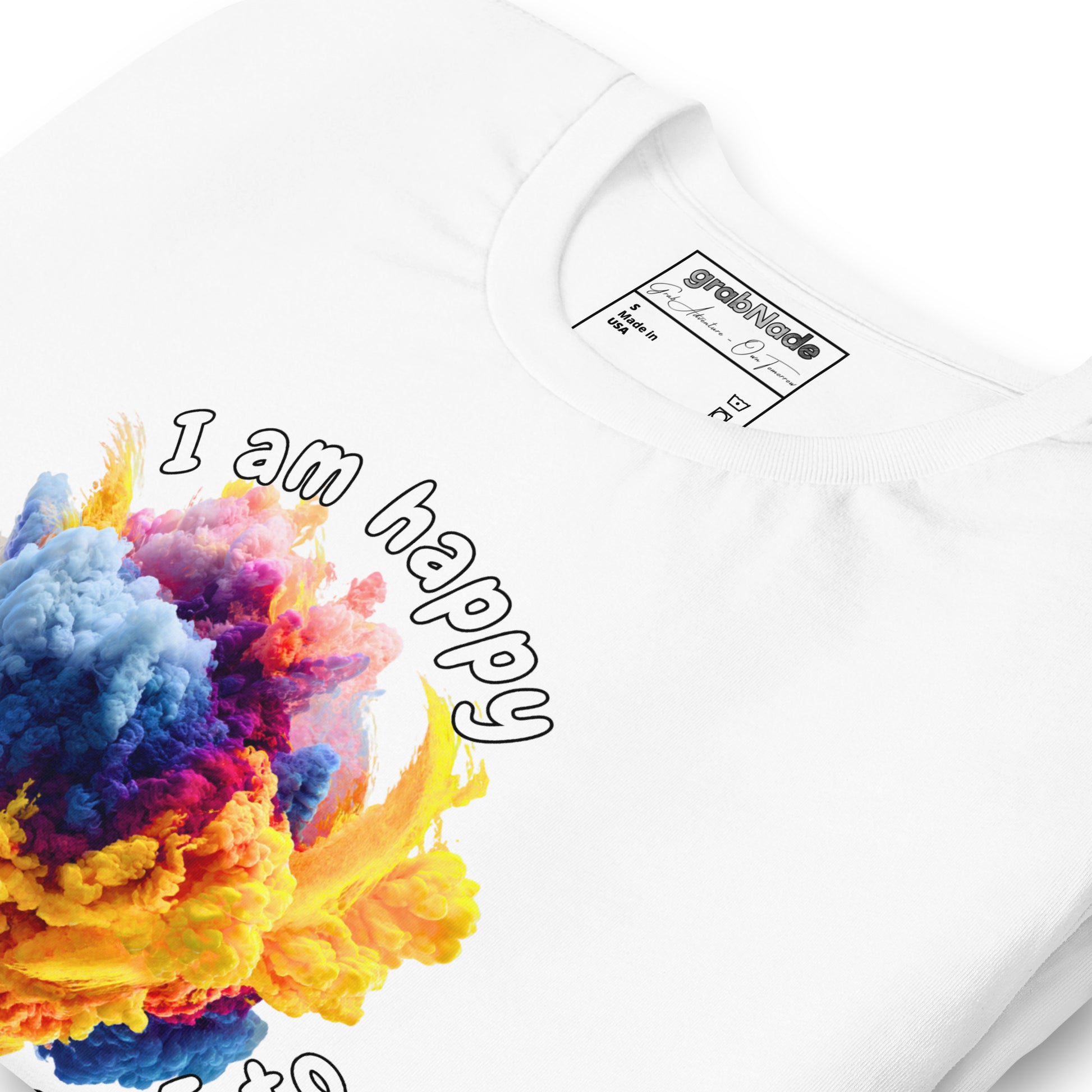 Product mockup. Close-up of a white T-shirt with blended colorful clouds and the white text “I am happy because I choose to.”