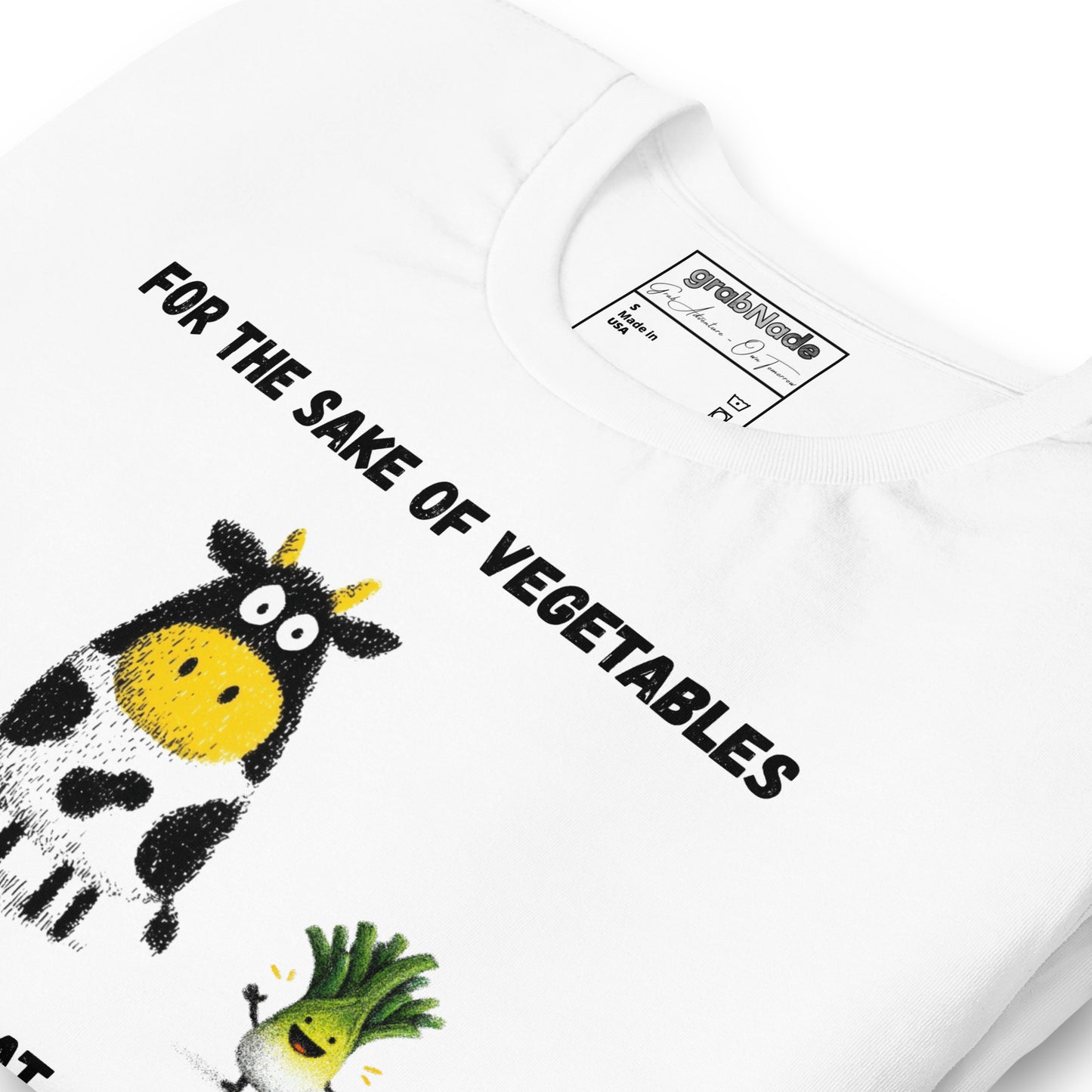 Product mockup. White T-shirt, zoomed in, cartoon cow and happy vegetable with text: “FOR THE SAKE OF VEGETABLES”.