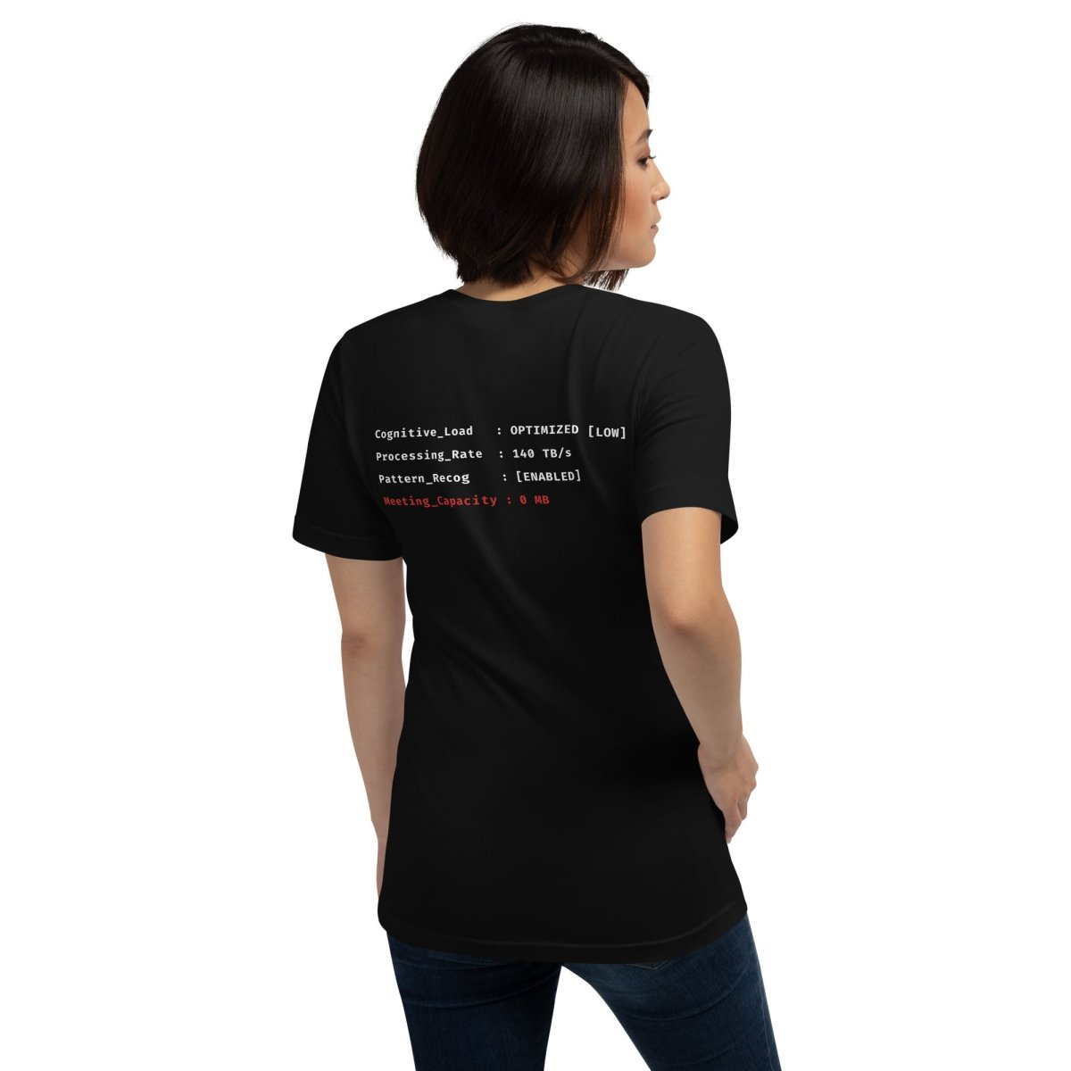 Back woman in black t-shirt front "> System_Ready" back diagnostic screen with "Meeting_Capacity: 0 MB".