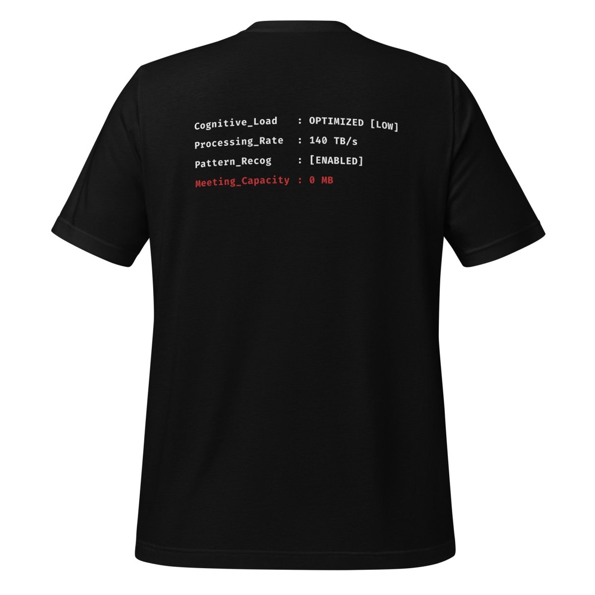 Black t-shirt front "> System_Ready" back diagnostic screen with "Meeting_Capacity: 0 MB".