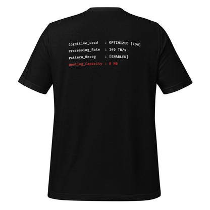 Black t-shirt front "> System_Ready" back diagnostic screen with "Meeting_Capacity: 0 MB".