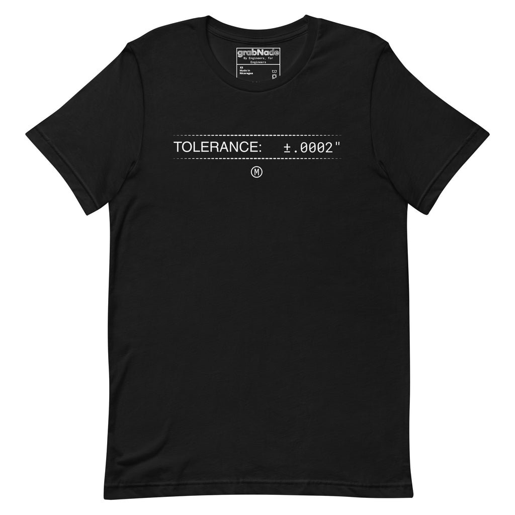 Black premium t-shirt with white text "TOLERANCE: ±.0002" and GD&T symbol for mechanical engineers.