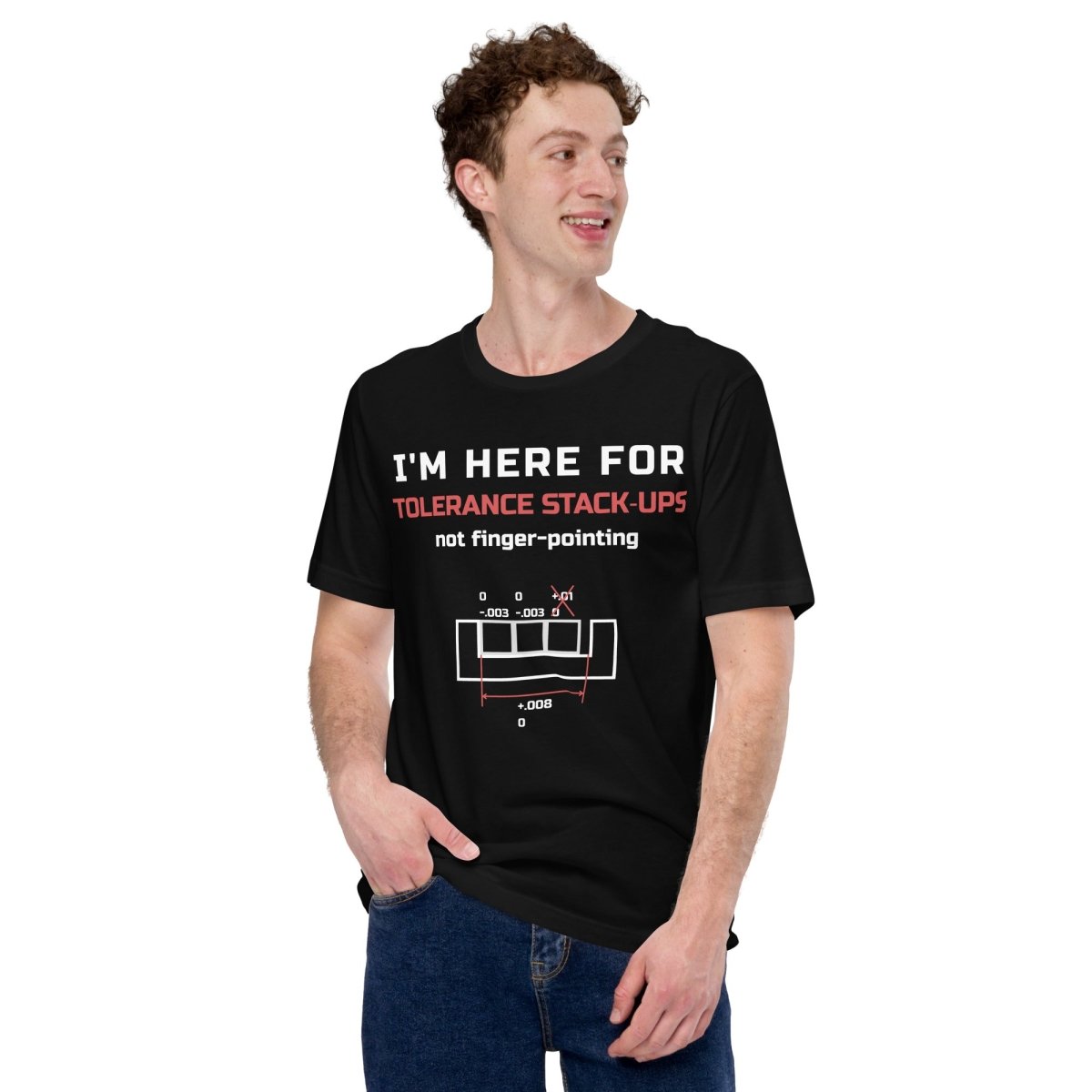 Man in black premium t-shirt featuring tolerance stack-ups with orange and white typography. For manufacturing and mechanical engineers