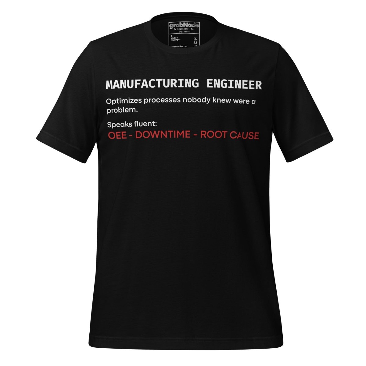 Black t-shirt with "Manufacturing Engineer" definition featuring OEE and root cause terminology.