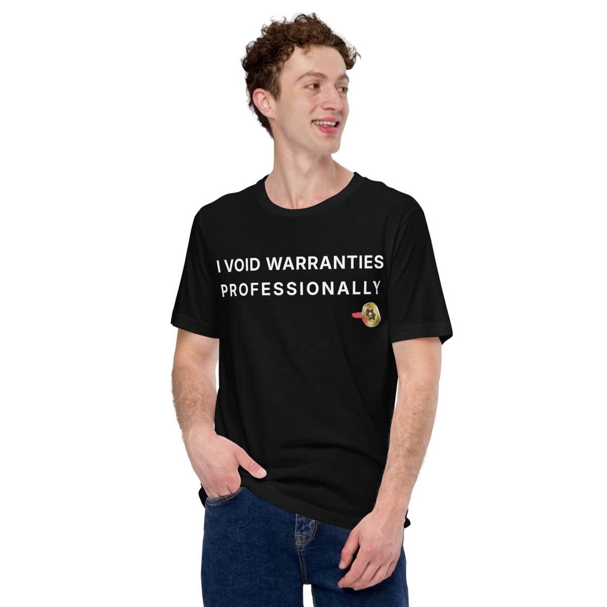 Man in black t-shirt featuring "I Void Warranties Professionally" text for R&D engineers.