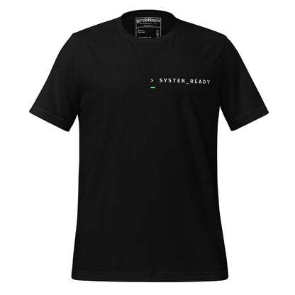 Black t-shirt front "> System_Ready" back diagnostic screen with "Meeting_Capacity: 0 MB".