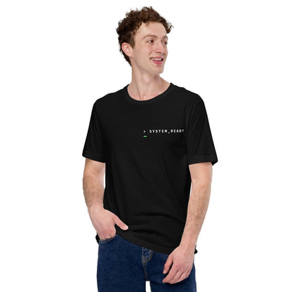 Man in black t-shirt front "> System_Ready" back diagnostic screen with "Meeting_Capacity: 0 MB".