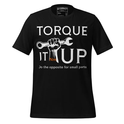 Black t-shirt "TORQUE IT UP" with small screw overtighten vs big bolt undertighten warning.