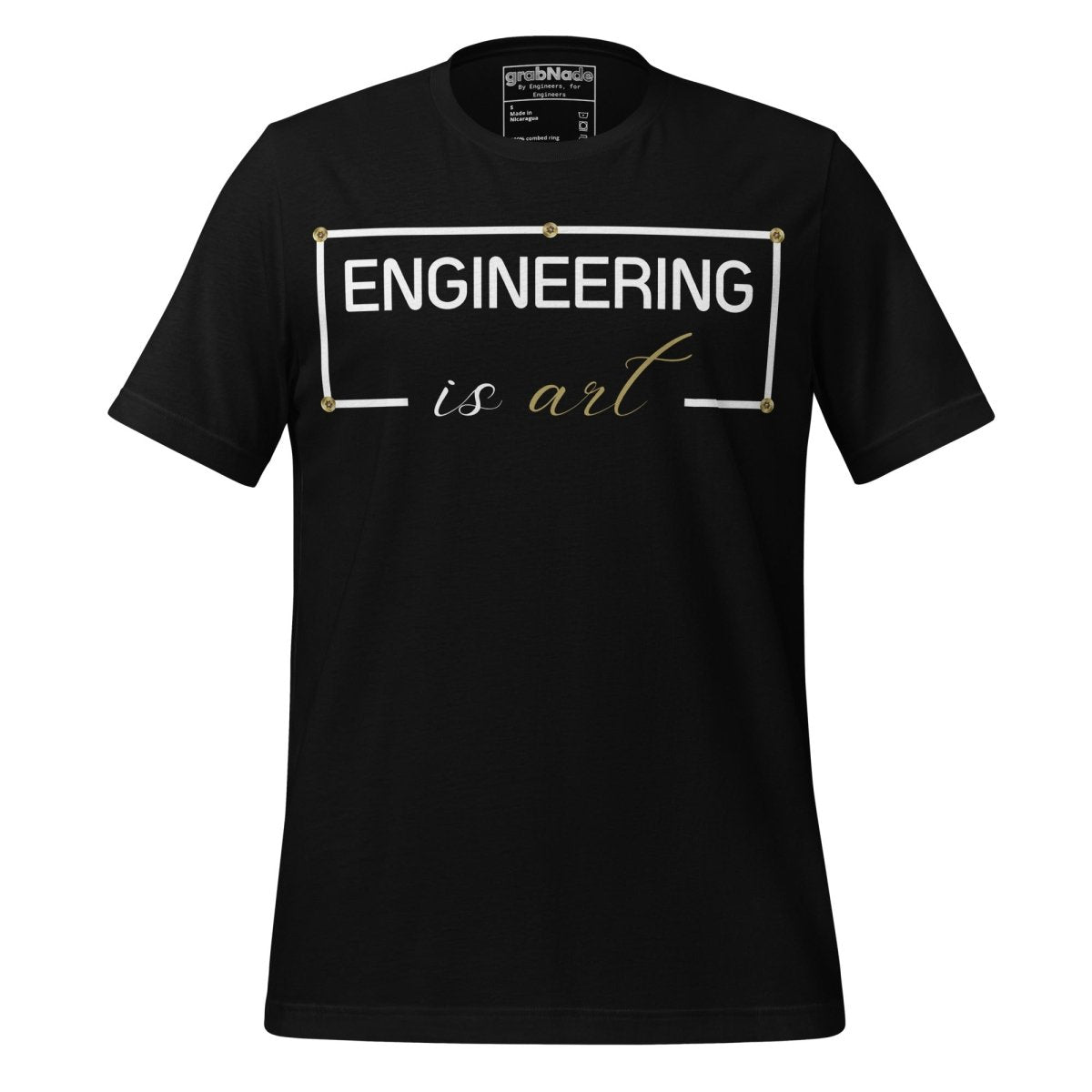 Black minimalist t-shirt featuring "ENGINEERING IS ART" technical typography design.