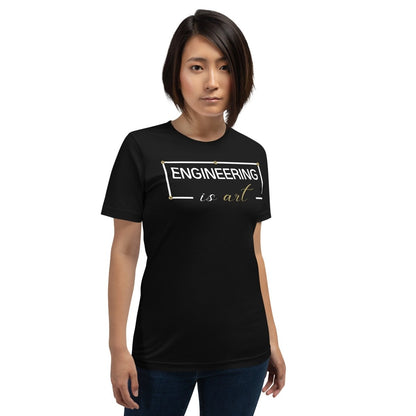 Woman in black minimalist t-shirt featuring "ENGINEERING IS ART" technical typography design.