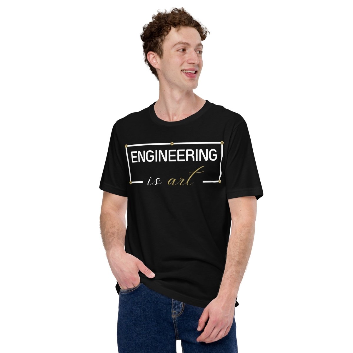 Man in black minimalist t-shirt featuring "ENGINEERING IS ART" technical typography design.