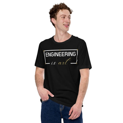 Man in black minimalist t-shirt featuring "ENGINEERING IS ART" technical typography design.
