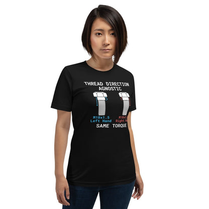 Woman in black t-shirt "Thread Direction Agnostic" M10x1.5 LH vs RH bolts same torque for mechanical engineers.
