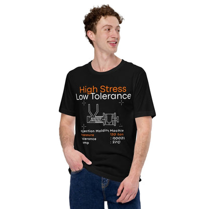 Man in black t-shirt. High Stress Low Tolerance injection molding machine with 120 tons, ±0.00025", 235°C.