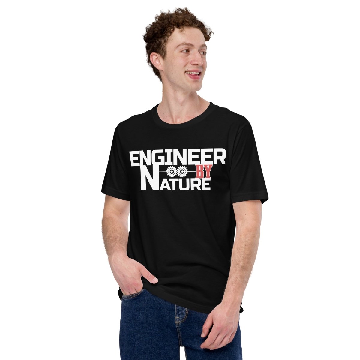 Man in black t-shirt “Engineer by Nature” with two gears for mechanical engineers.