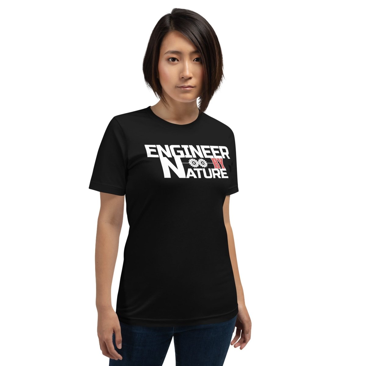 Woman in black t-shirt “Engineer by Nature” with two gears for mechanical engineers.
