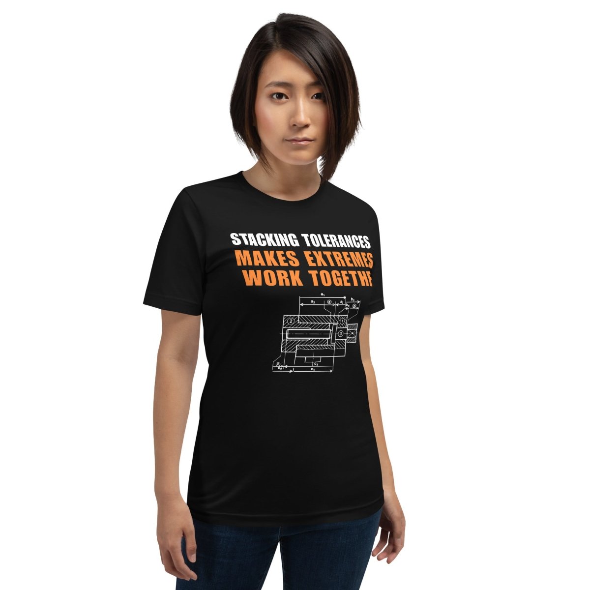 Woman in black t-shirt featuring a CAD blueprint graphic and stacking tolerances text for engineers.
