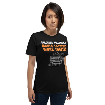 Woman in black t-shirt featuring a CAD blueprint graphic and stacking tolerances text for engineers.