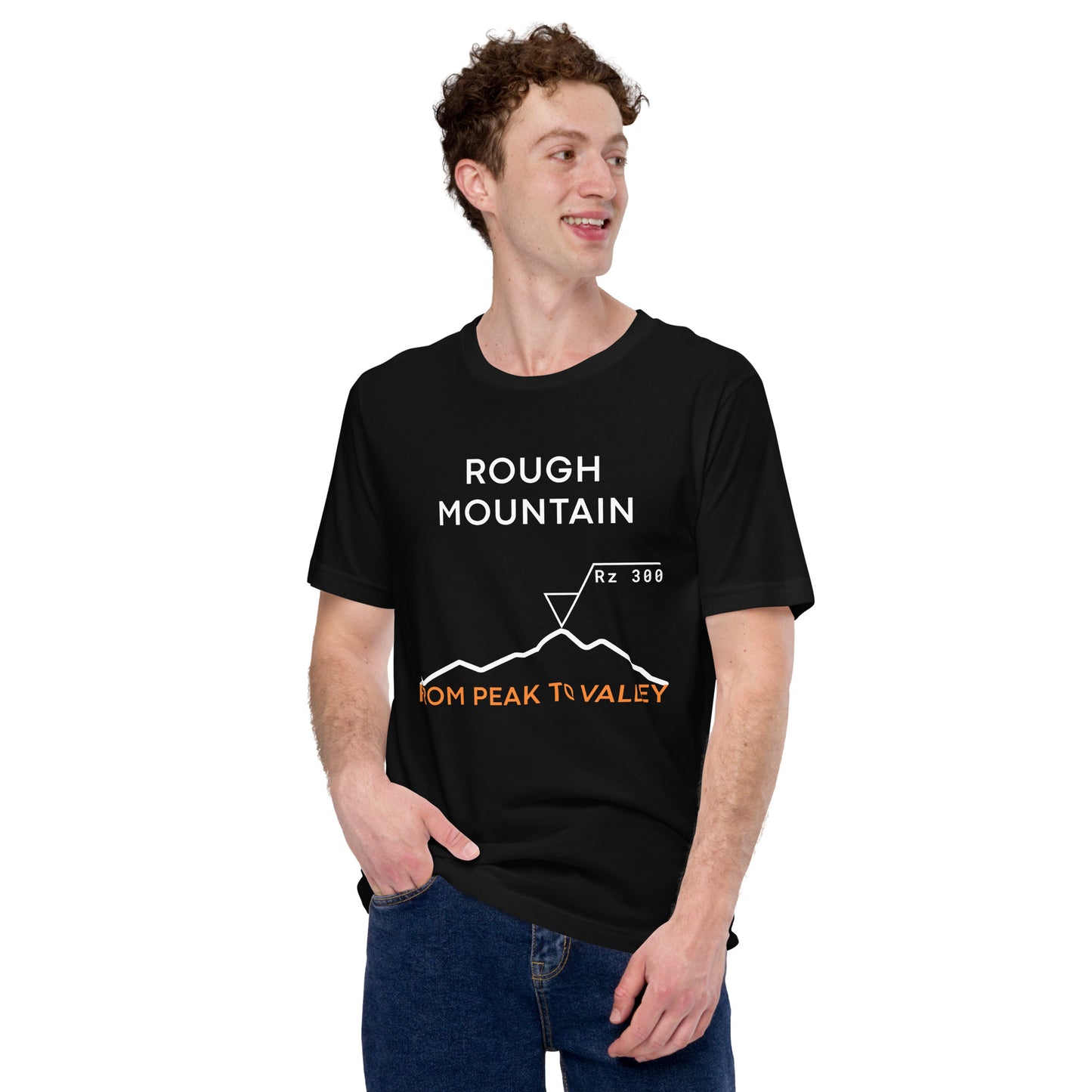 Man in black tee featuring an Rz 300 surface profile mountain graphic and "Peak to Valley" text.