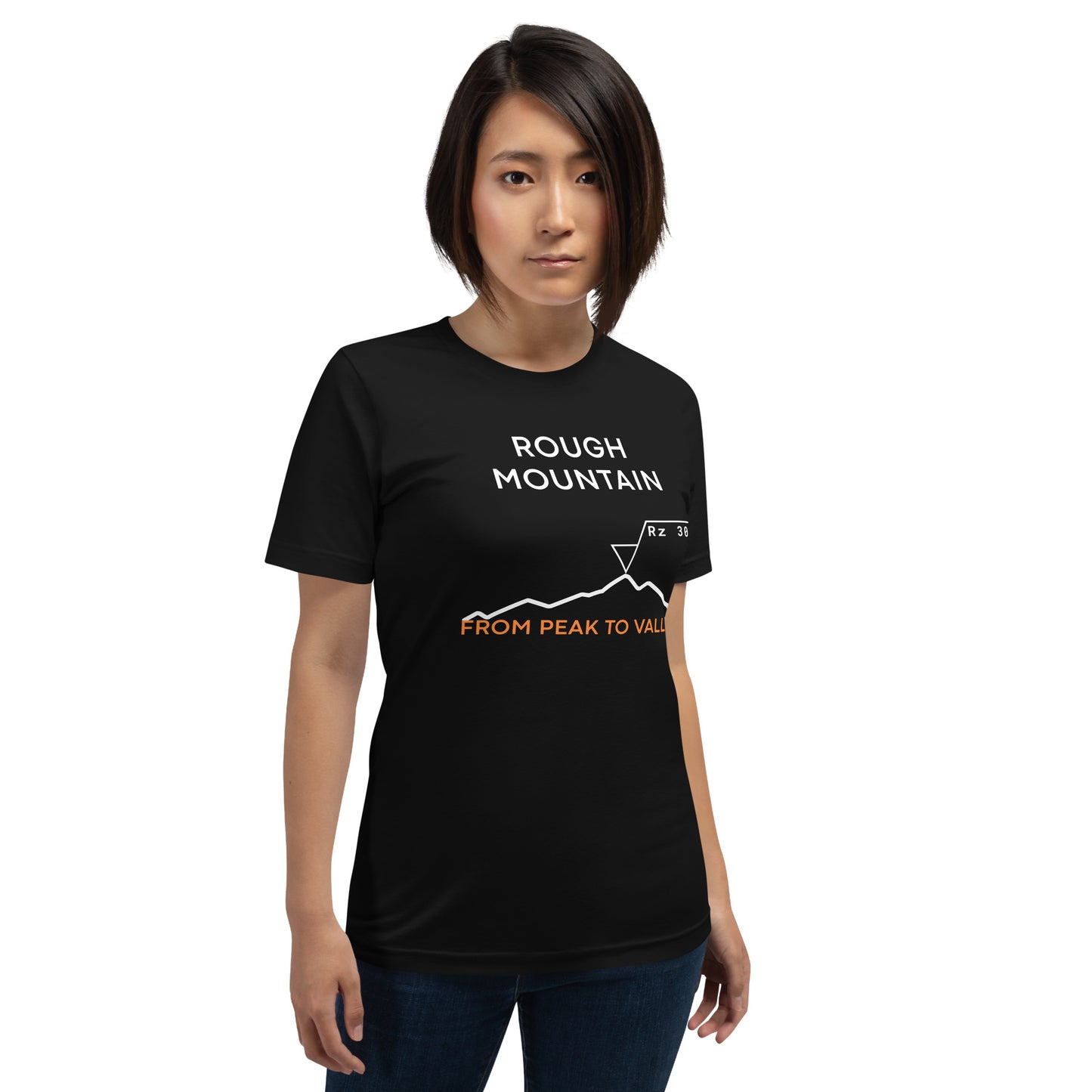Woman in black tee featuring an Rz 300 surface profile mountain graphic and "Peak to Valley" text.