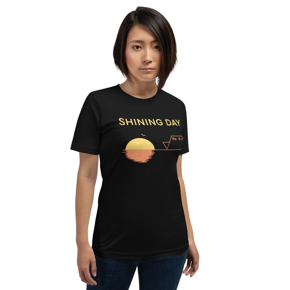 Woman in black tee featuring an Ra0.02 surface finish symbol on a geometric sunset horizon line.