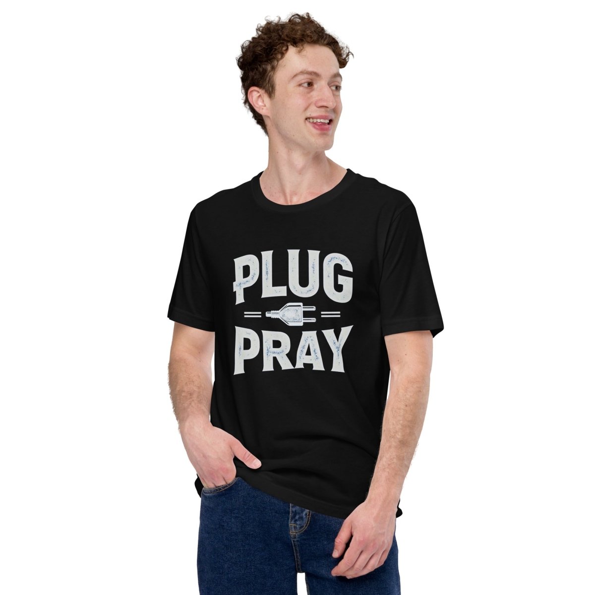 Man in black T-shirt with ‘Plug Pray’ text and plug icon for electrical engineers