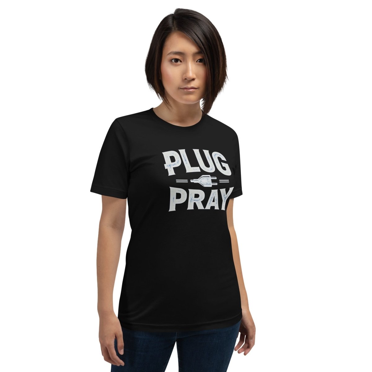 Woman in black T-shirt with ‘Plug Pray’ text and plug icon for electrical engineers