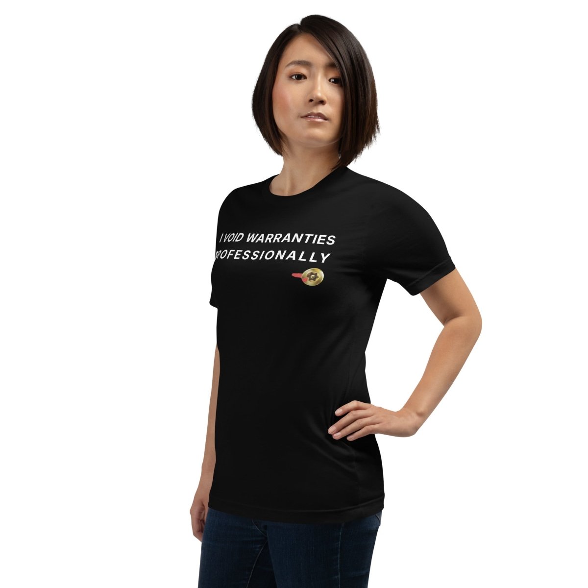 Woman left side in black t-shirt featuring "I Void Warranties Professionally" text for R&D engineers.