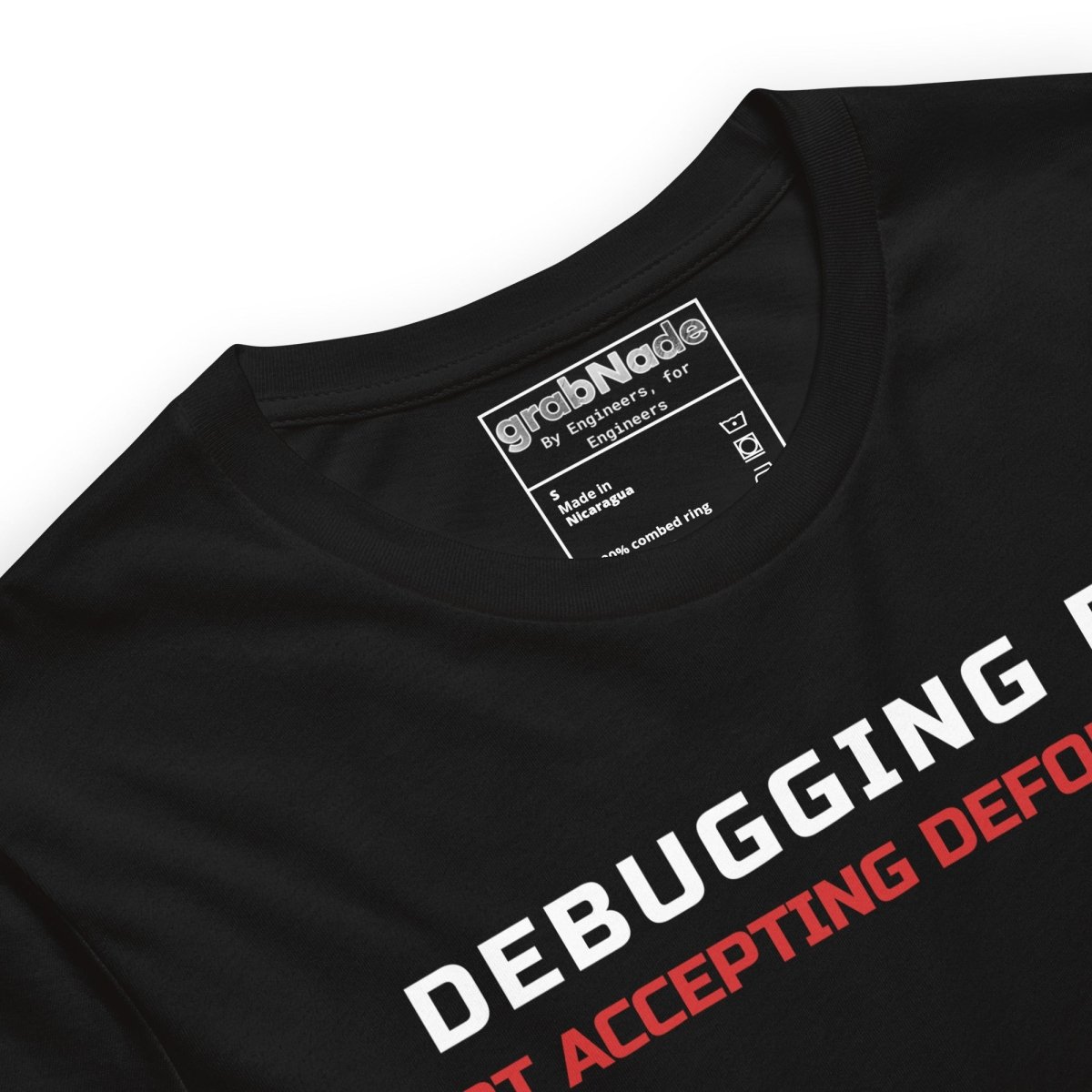 Close up of black premium t-shirt featuring the text "Debugging FEA. Not accepting deformation" designed for mechnical & aerospace engineers.