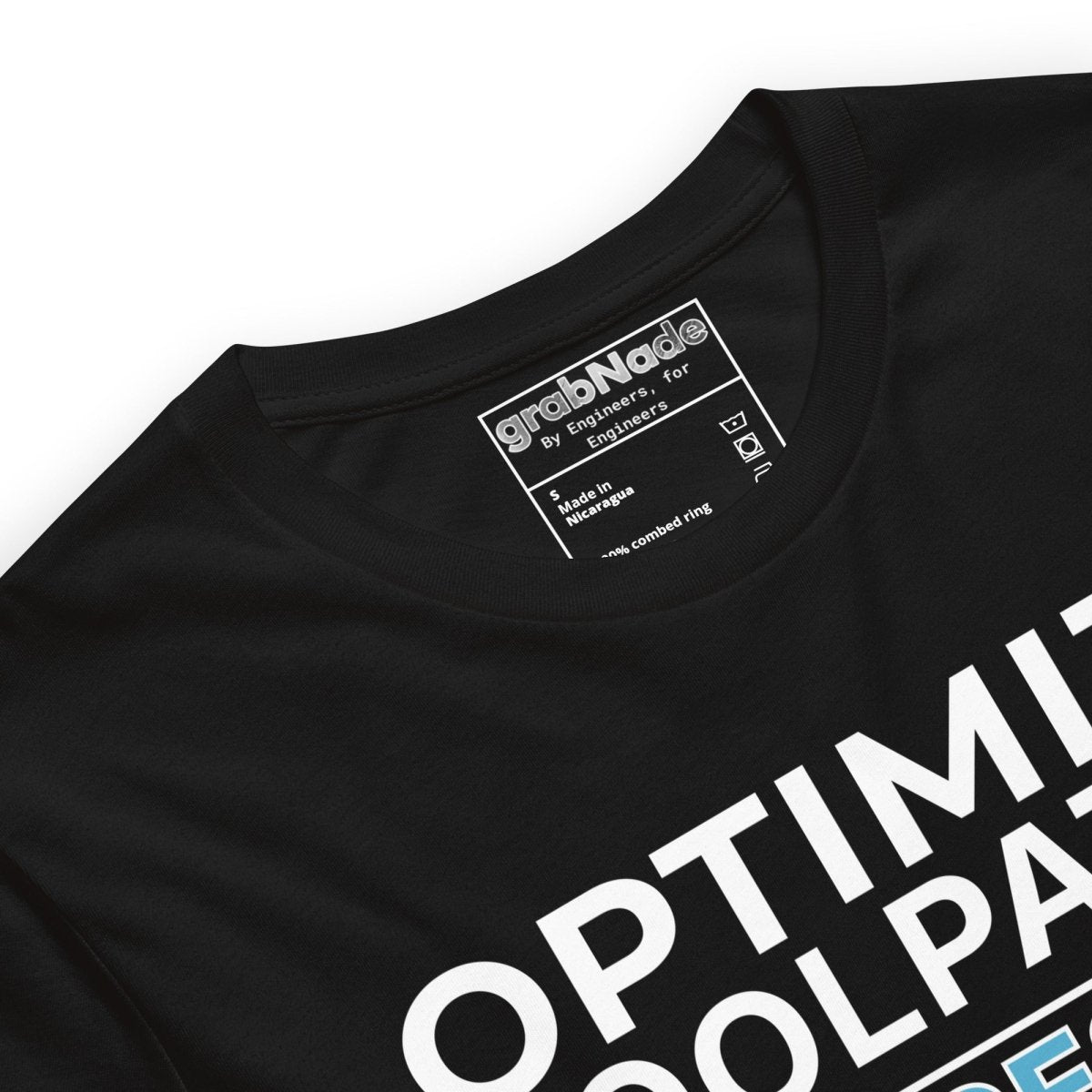 Close up of black t-shirt with "Optimize tool paths. Excuses not in the G-code" text for CNC machinists.