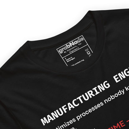Close up of black t-shirt with "Manufacturing Engineer" definition featuring OEE and root cause terminology.