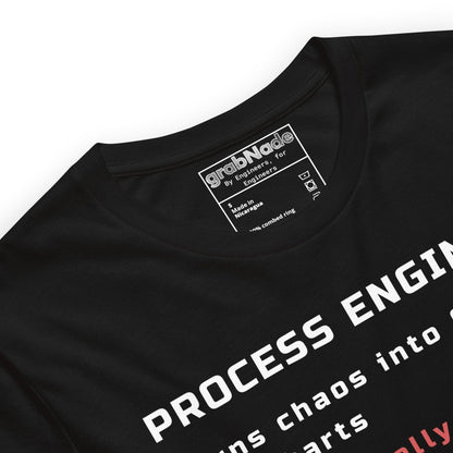 Close up of black t-shirt with "Process Engineer. Turns chaos into Gantt & flowcharts" definition text.