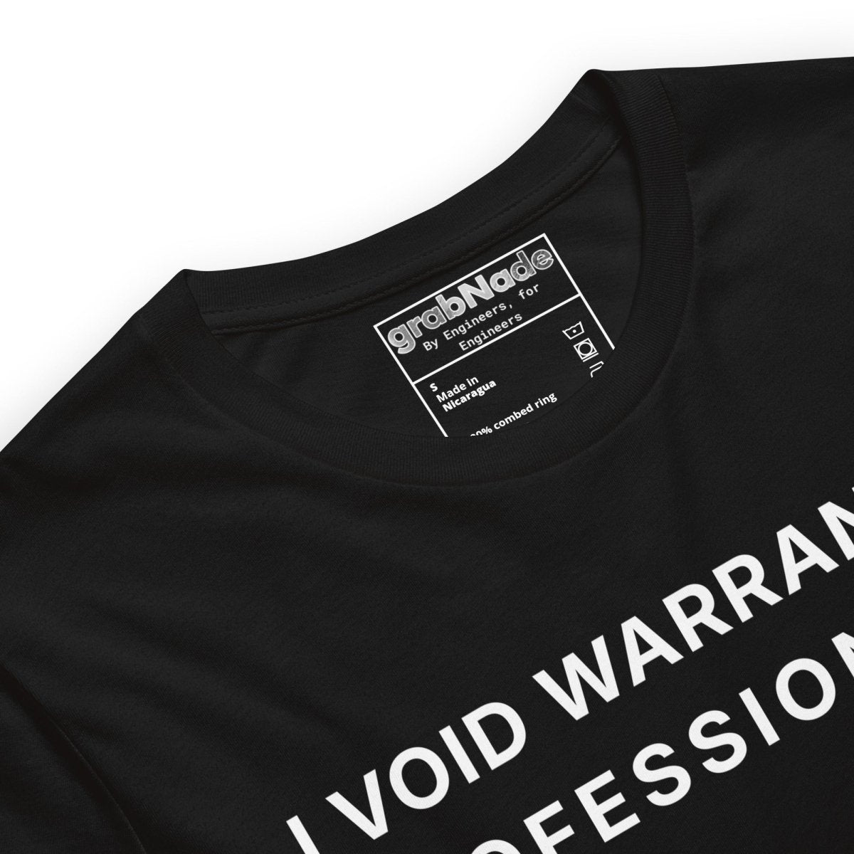 Close up of black t-shirt featuring "I Void Warranties Professionally" text for R&D engineers.