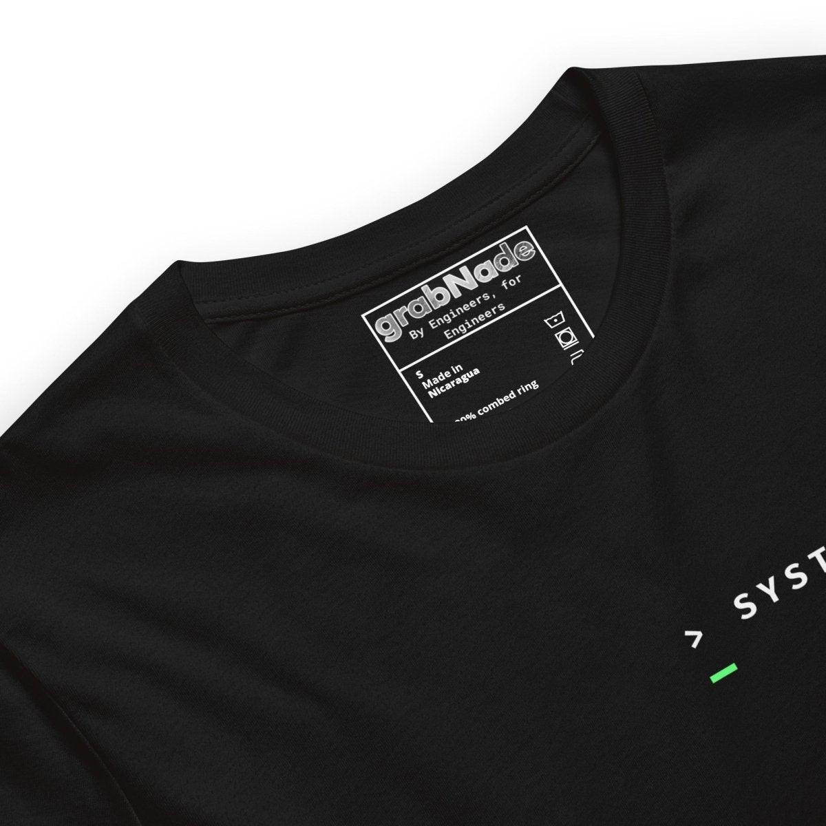Close up of black t-shirt front "> System_Ready" back diagnostic screen with "Meeting_Capacity: 0 MB".